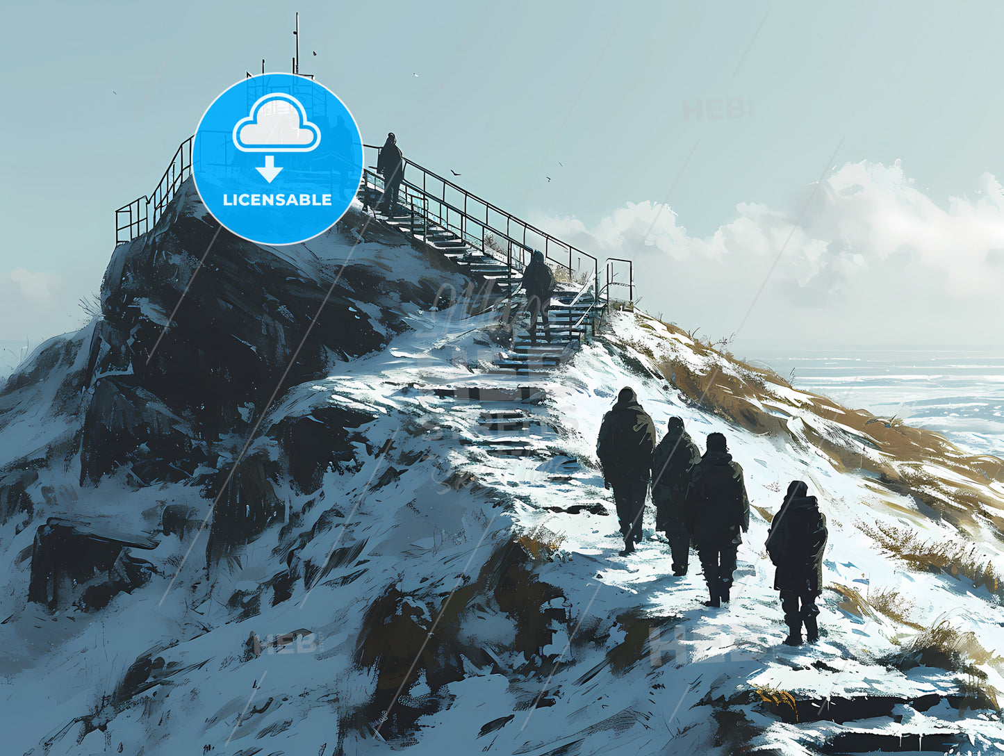 In The Snowy Winter, A Group Of People Walking Up A Mountain