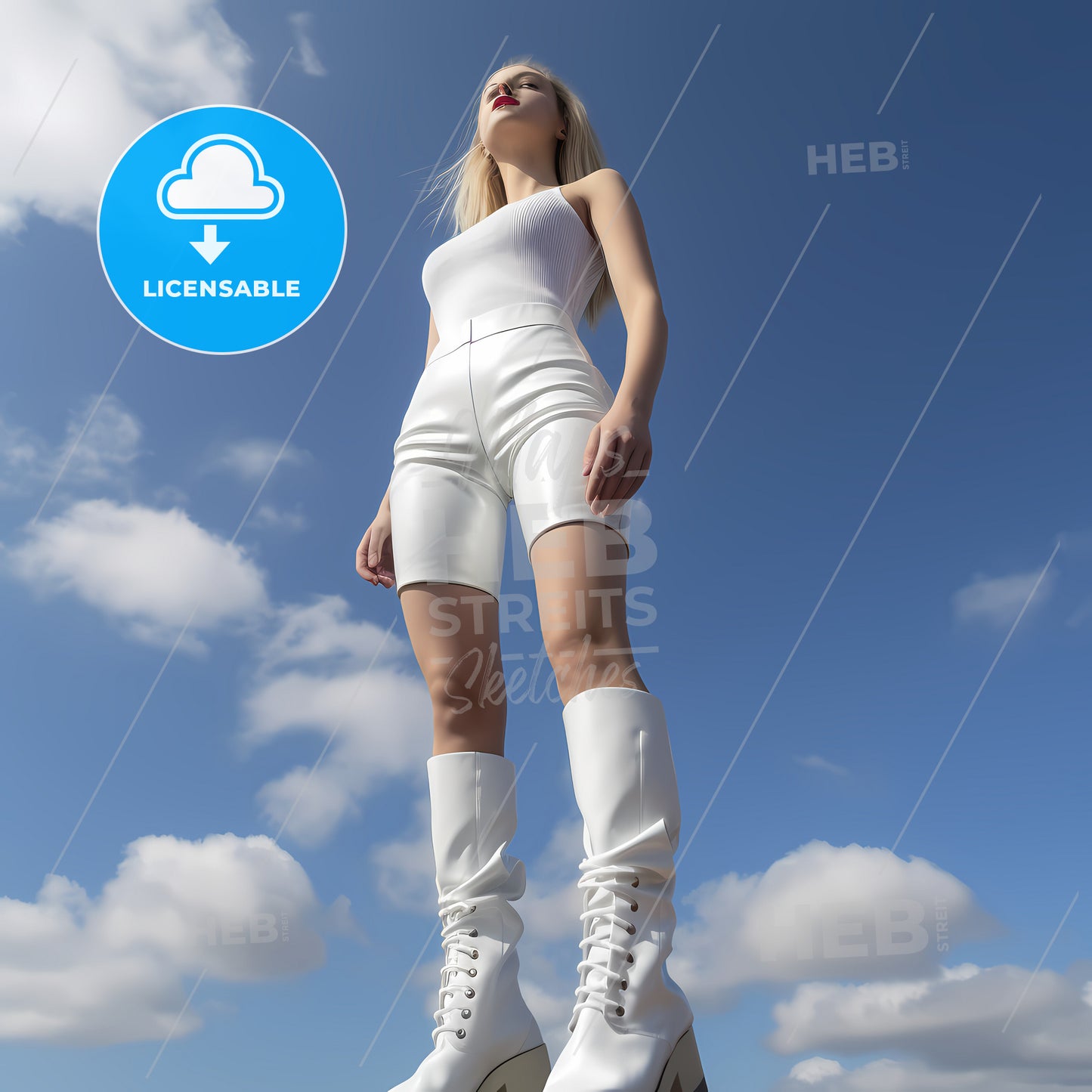 Young 25 Years Old Angry Blond Girl, A Woman In White Outfit And Boots