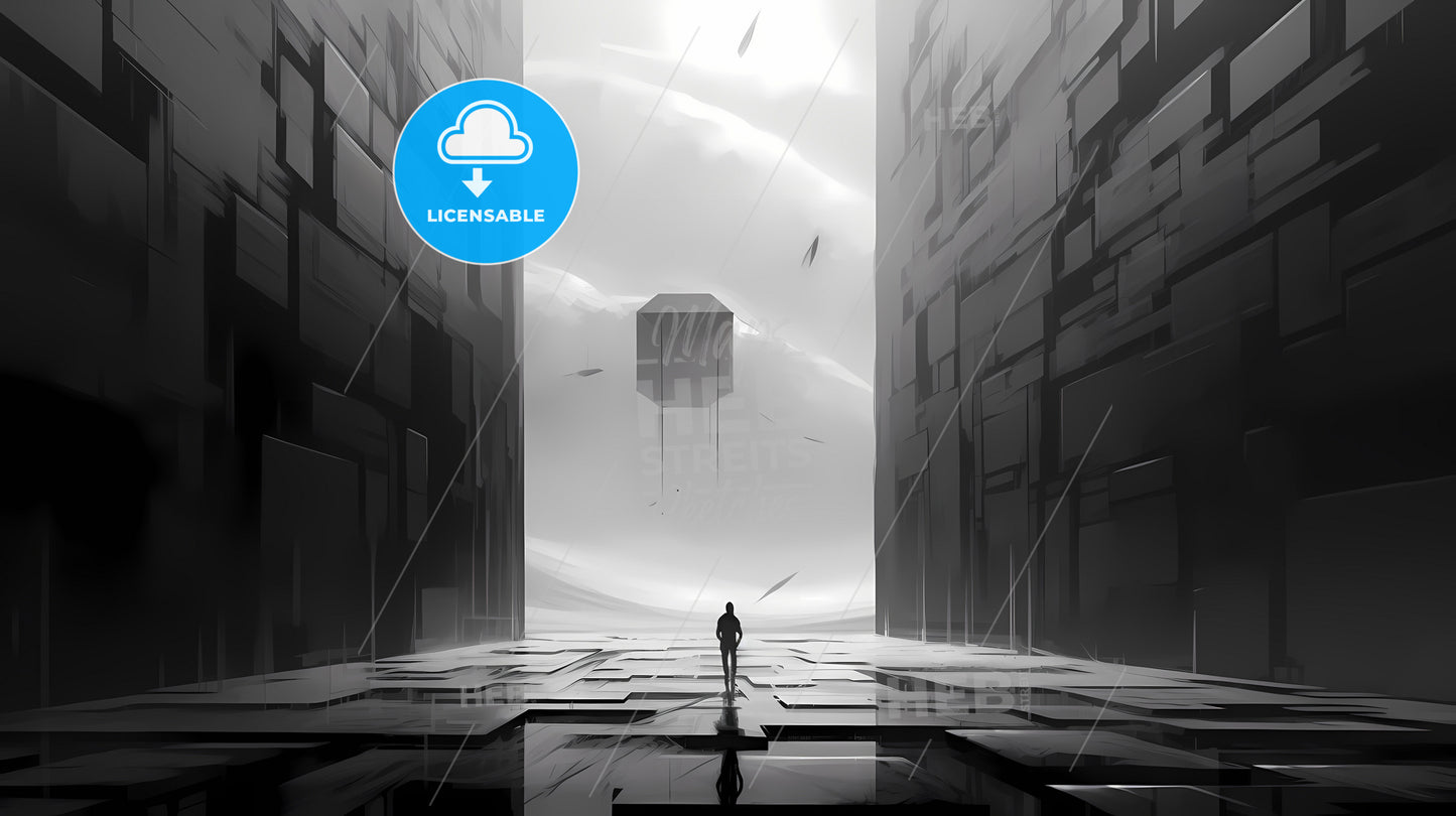 A Minimalist Art Painting, A Person Walking In A Dark Room