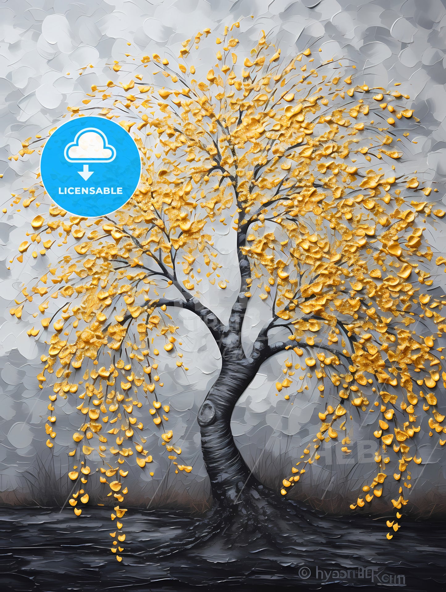 An Acrylic Painting Of A Yellow Willow Tree, A Tree With Yellow Leaves