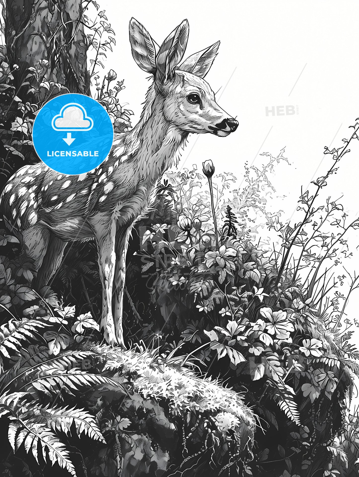 Deer In The Woods, A Black And White Drawing Of A Deer Standing In A Forest