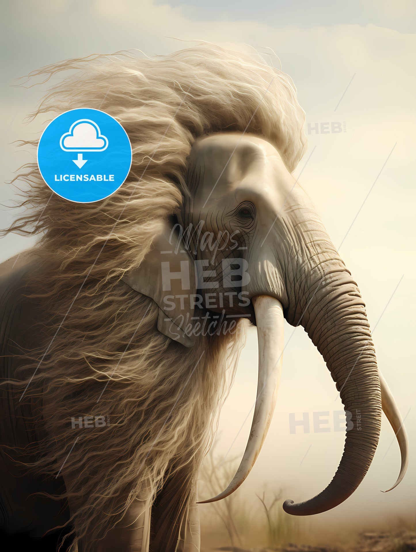 An Elephant Covered With Long Slender Hair, A Large Elephant With Long Tusks