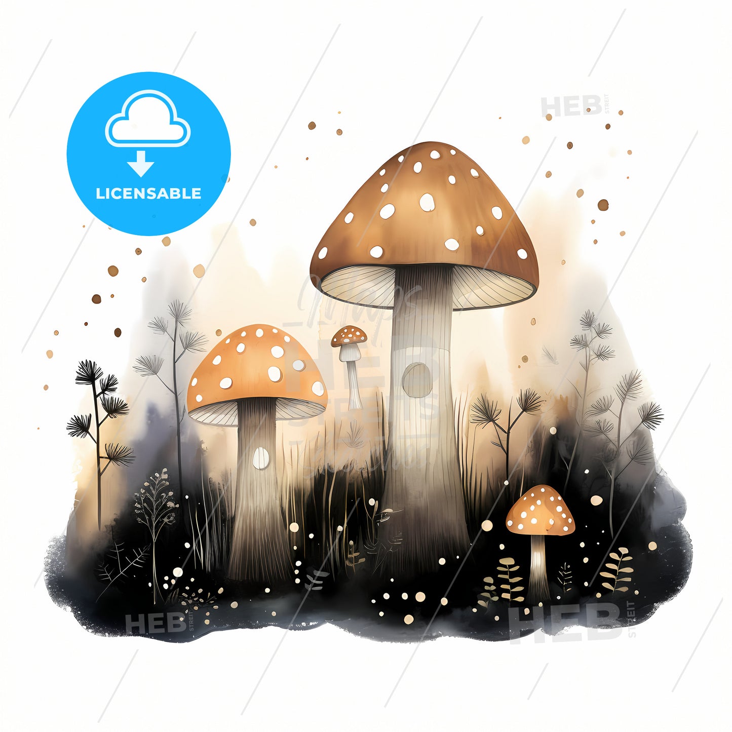 Magical Mushrooms And Fireflies, A Group Of Mushrooms In A Forest