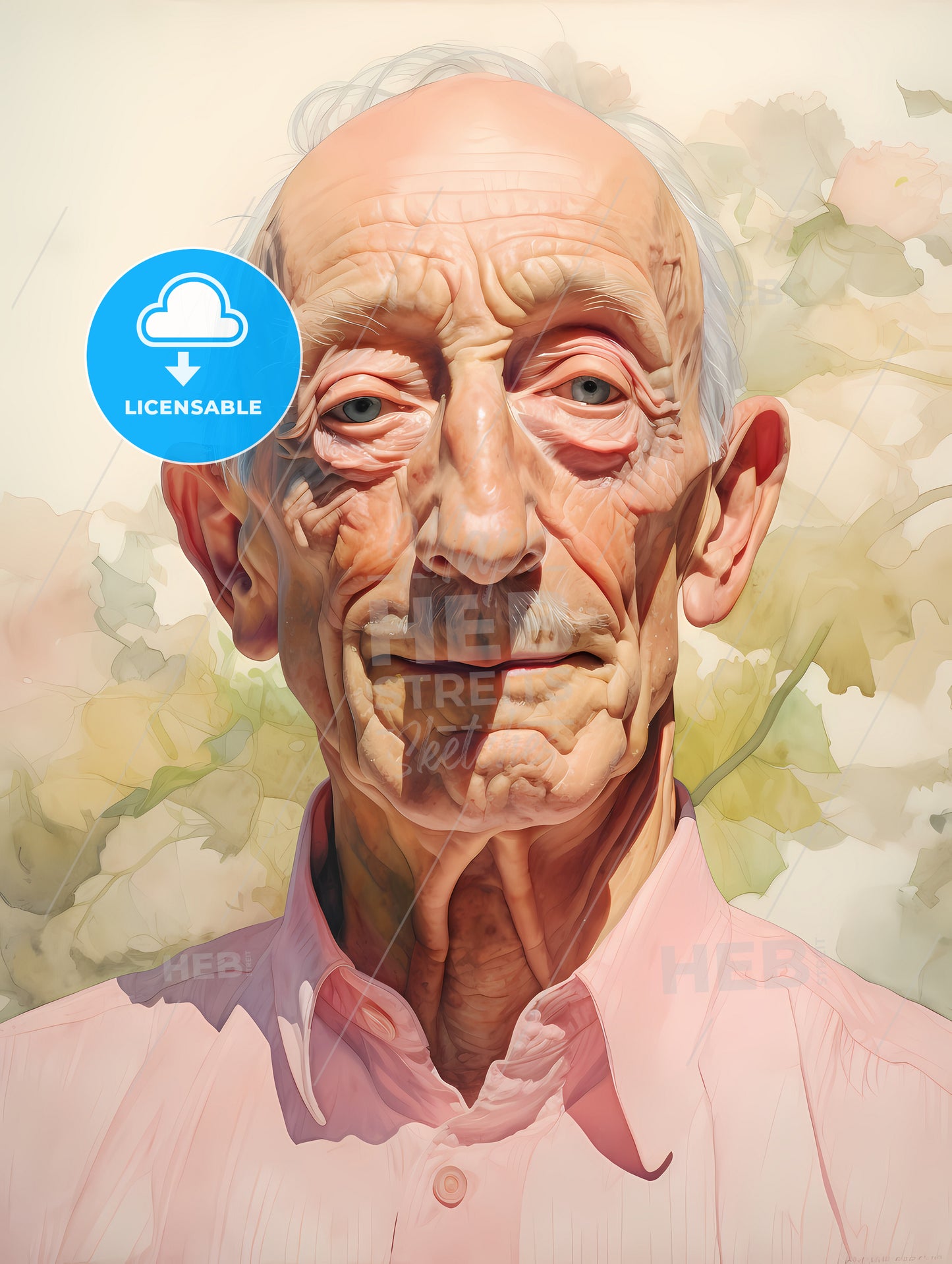 Elderldy Mans Full Face, A Man In A Pink Shirt