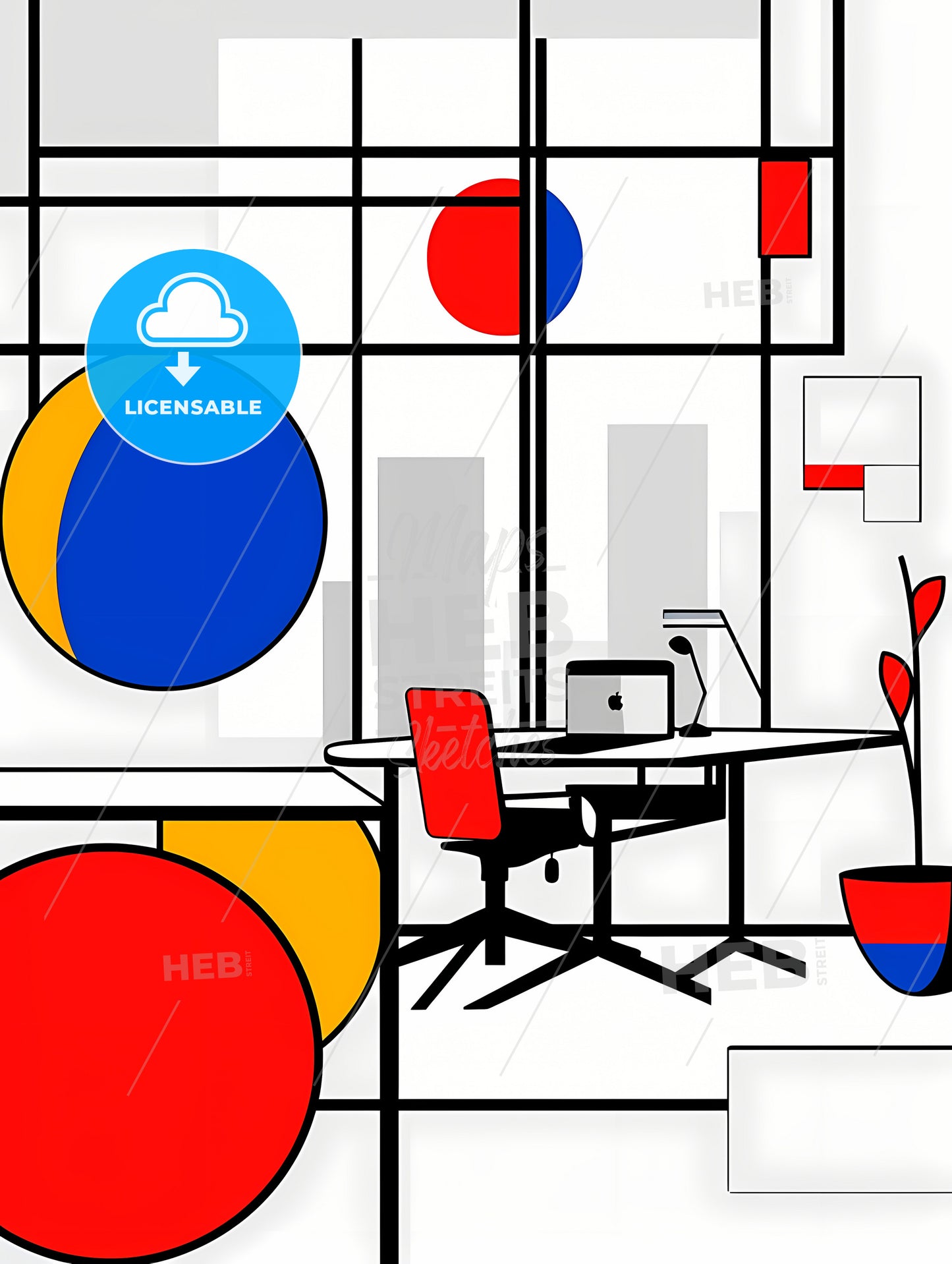 Minimalist Office Art, A Drawing Of A Room With A Desk And Chairs