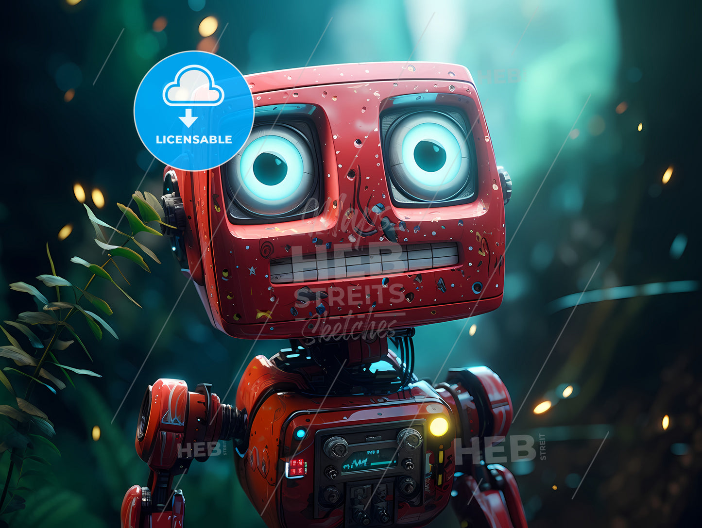 A Magical Robot That Can Fulfill A Wish, A Red Robot With Blue Eyes And A Green Plant