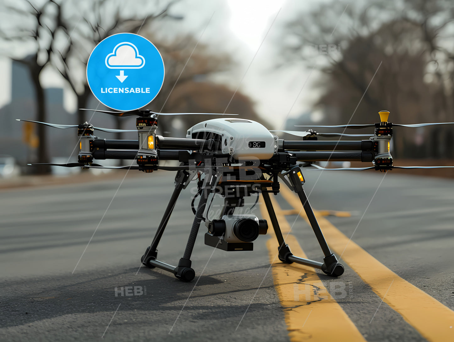 A Drone Carrying A Small Package, A Drone On A Road