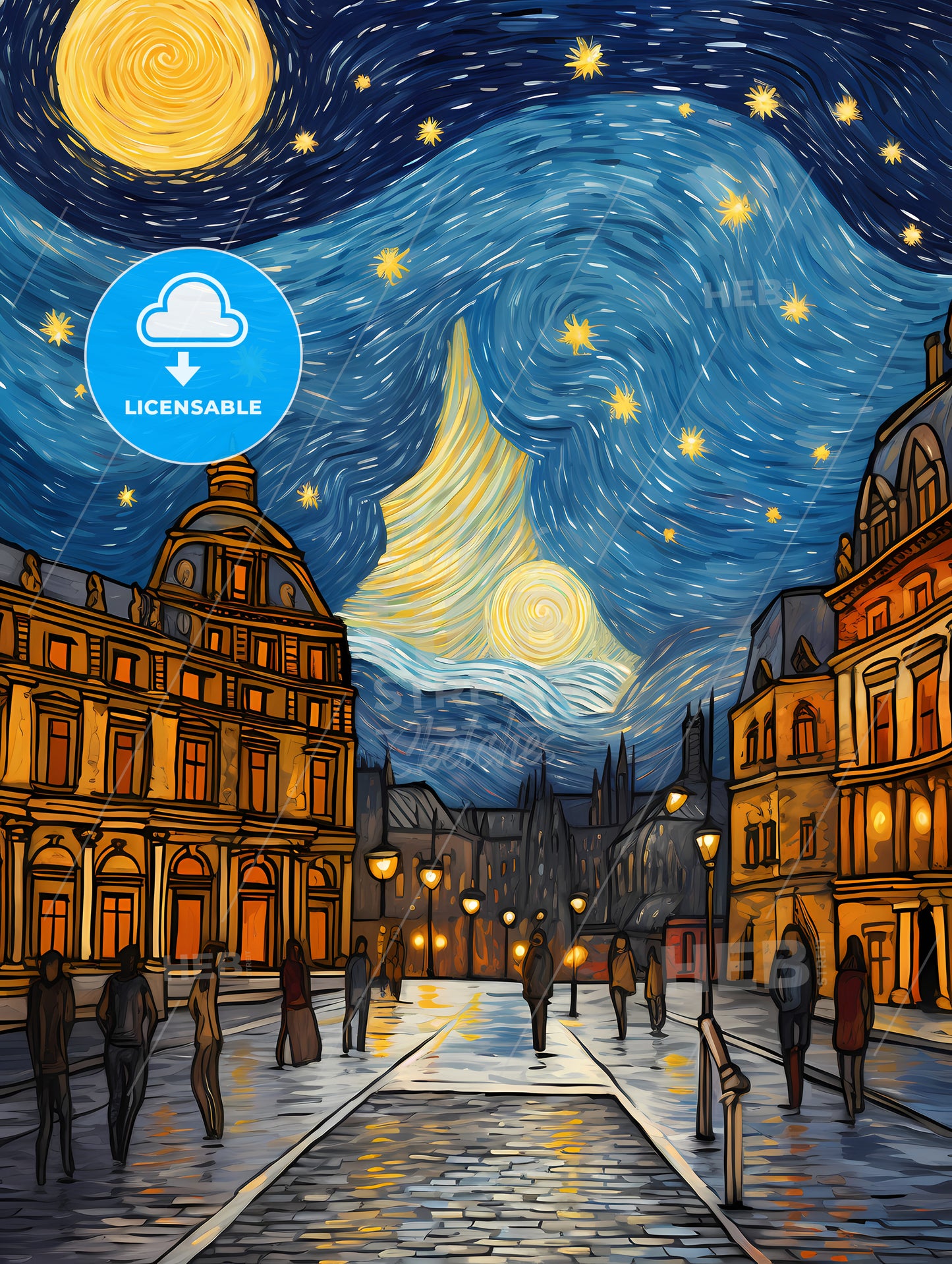 Adorable Christmas Illustration Card, A Street With Buildings And People In The Middle