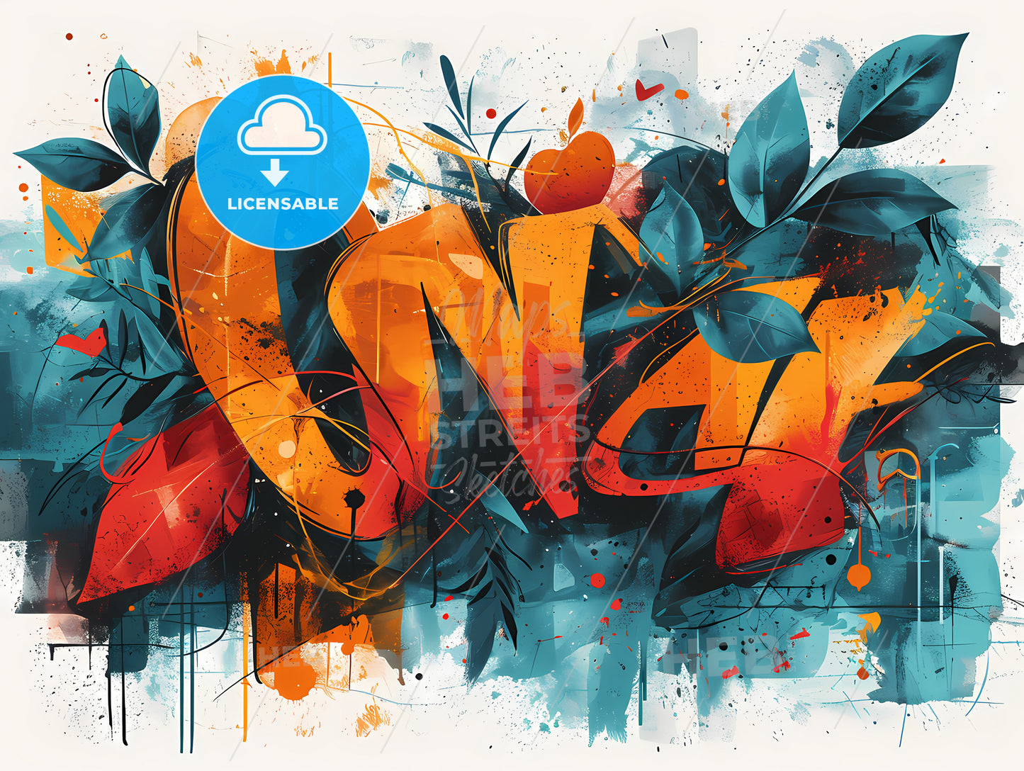 Alot Of Grafity On A White Background, A Colorful Graffiti With Leaves And Flowers