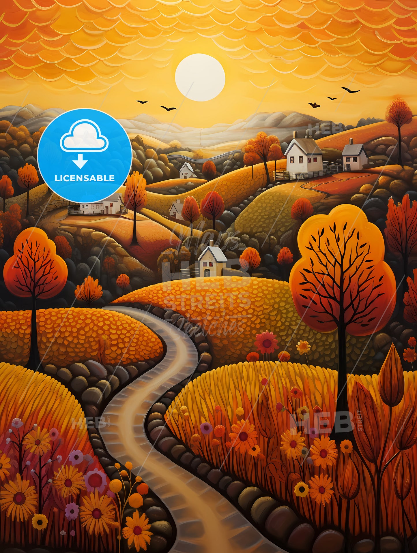 Autumn Landscape, A Painting Of A Landscape With Houses And Trees