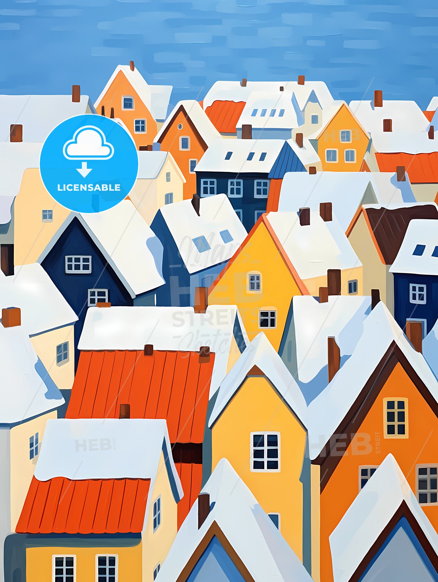 Snowy German Small Town Roofs, A Group Of Colorful Houses Covered In Snow