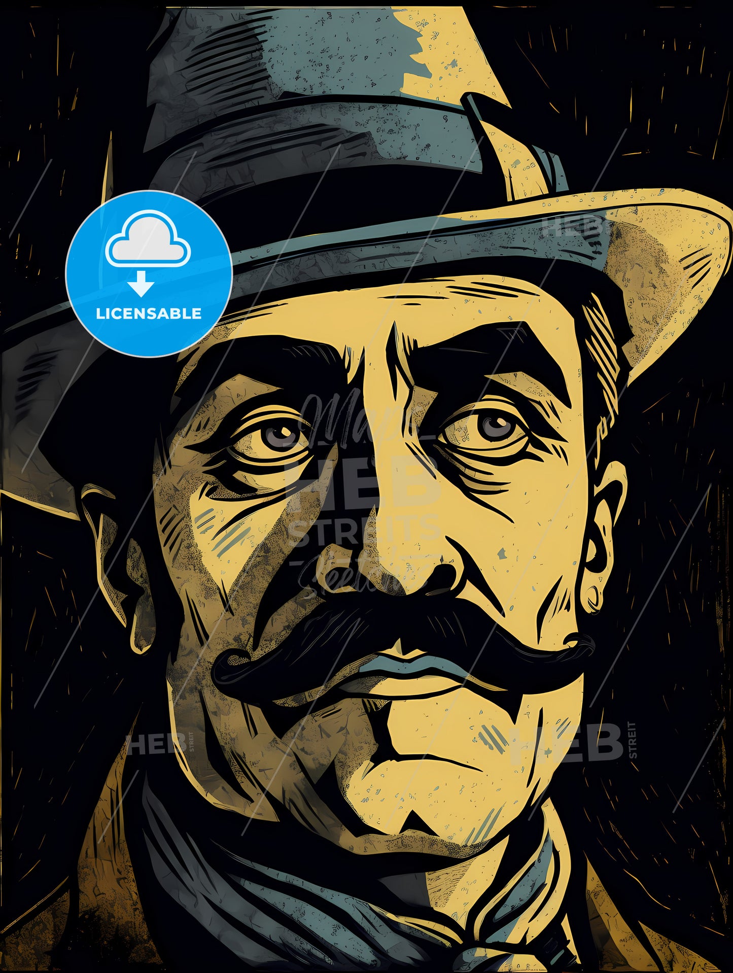 Early 20Th-Centry Poster-Style Linocut, A Man With A Mustache Wearing A Hat