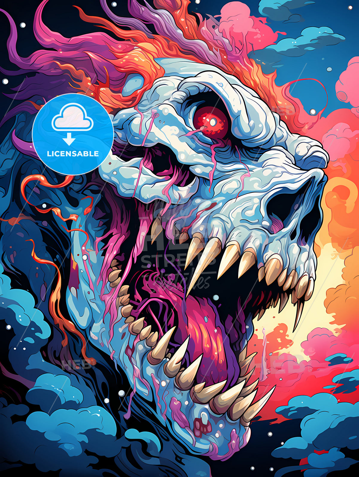 Low Dutch Angle Digital Acid Trip, A Cartoon Of A Skull With Flames And Sharp Teeth