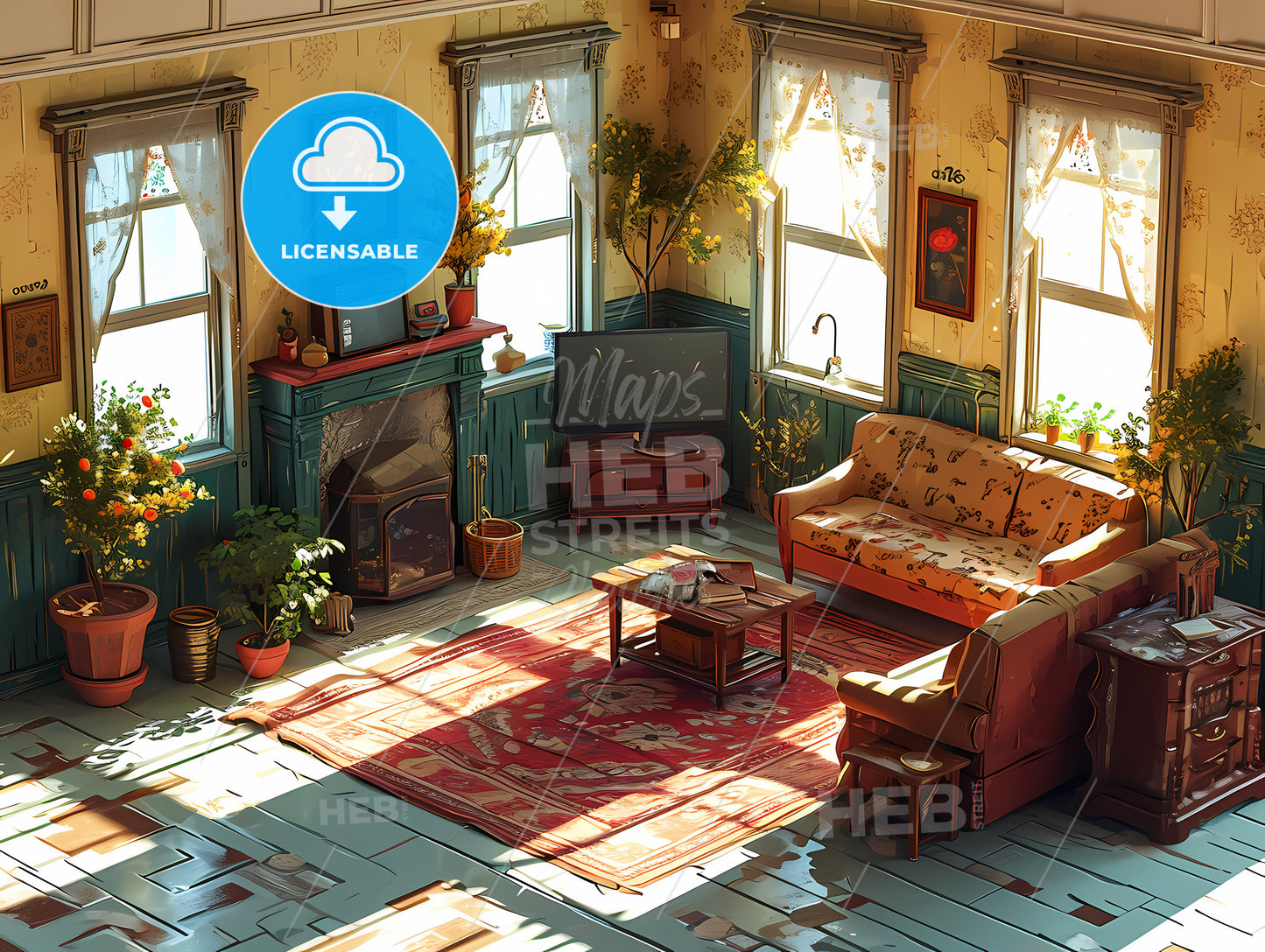 House Interior Walls Floor, A Living Room With A Television And A Fireplace