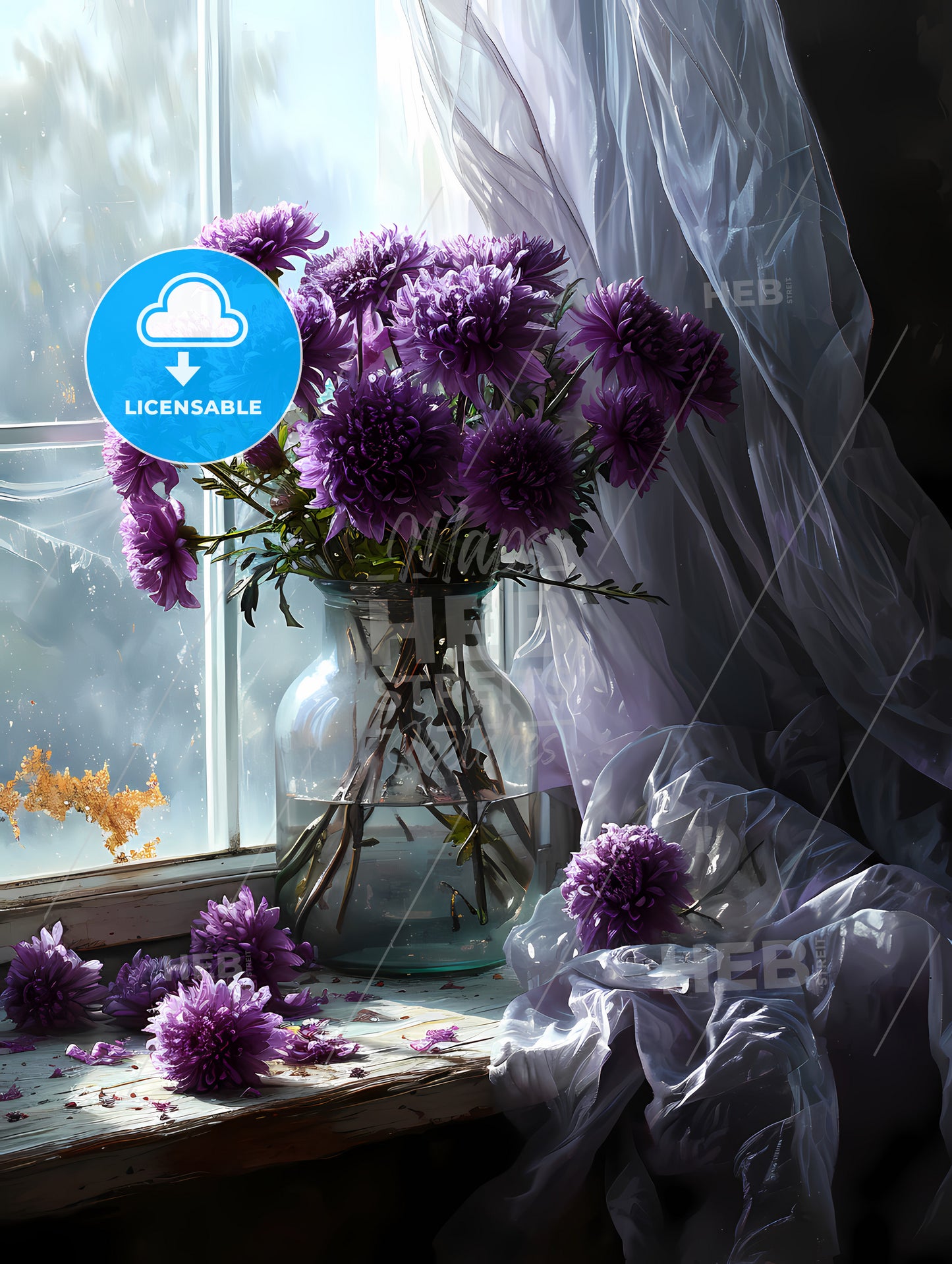 A Pot Of Purple Chrysanthemums By The Windowsill, A Vase Of Purple Flowers In Front Of A Window