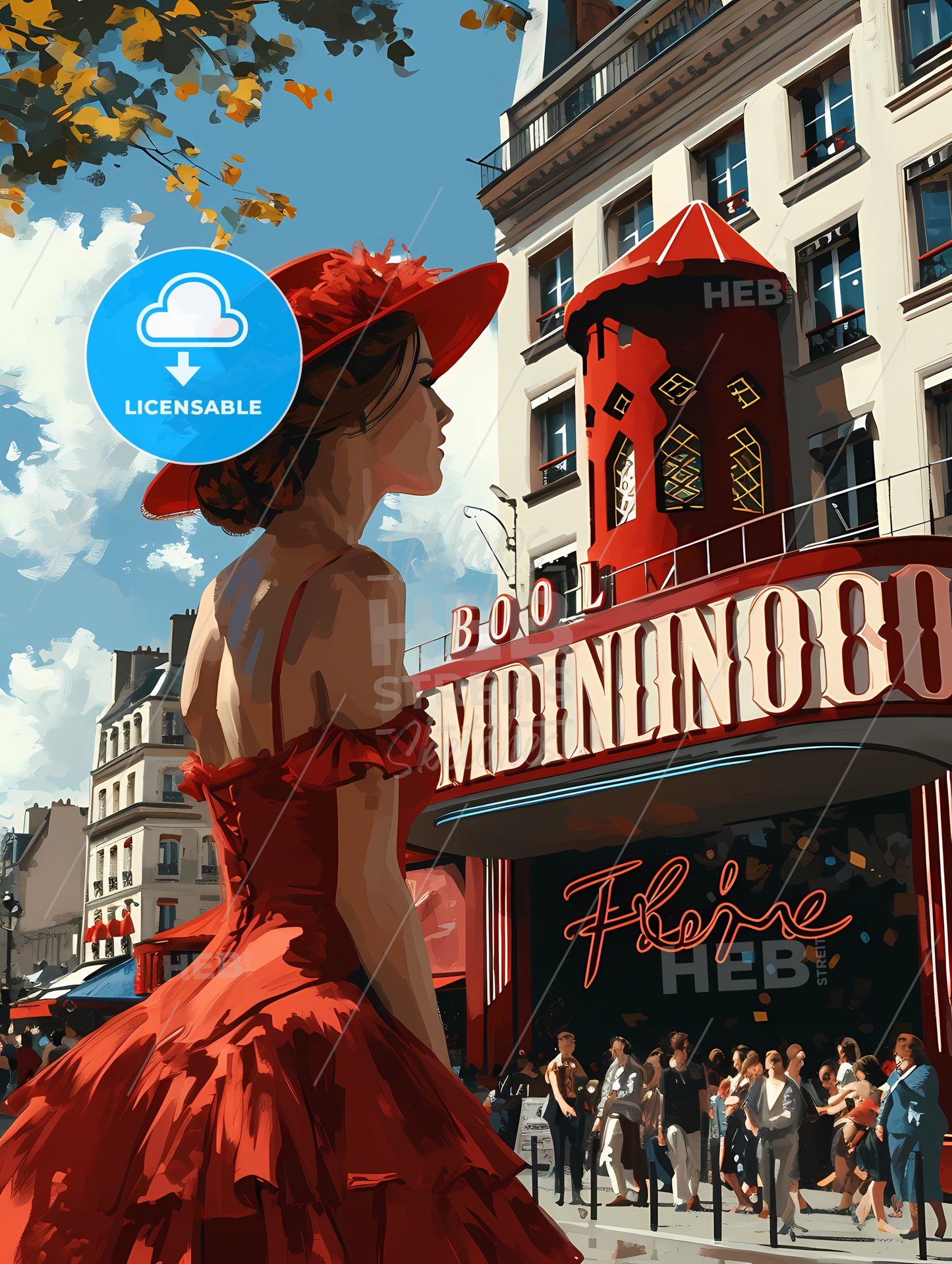 Une Lofi Girl Regardant, A Woman In A Red Dress And Hat In Front Of A Building