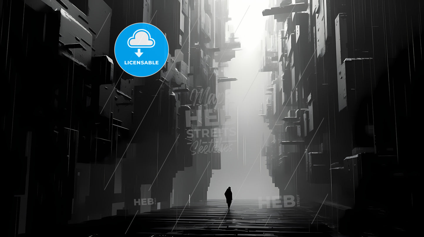 A Minimalist Art Painting, A Person Walking In A Dark Alley