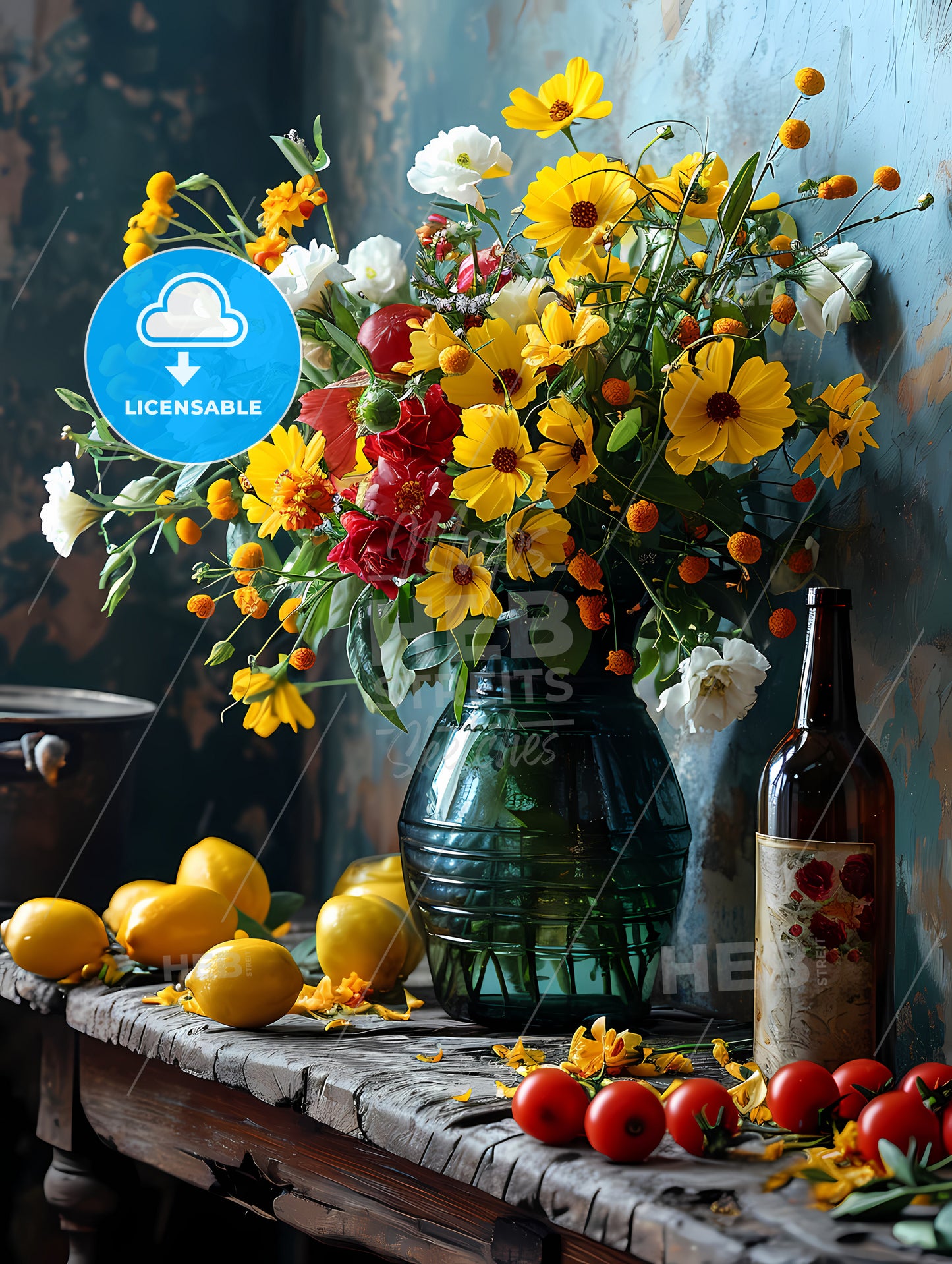 Impressionistic Still Life, A Vase Of Flowers And A Bottle Of Wine