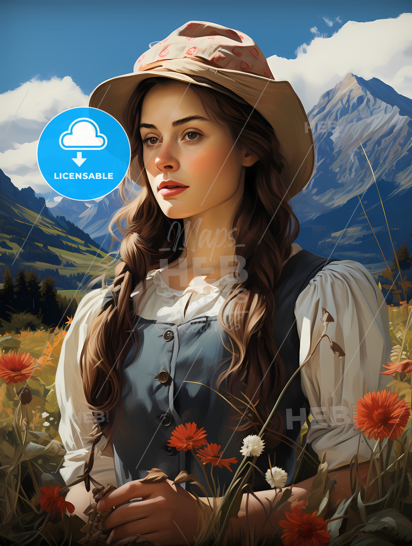 Switzerland Travel Poster, A Woman In A Field Of Flowers