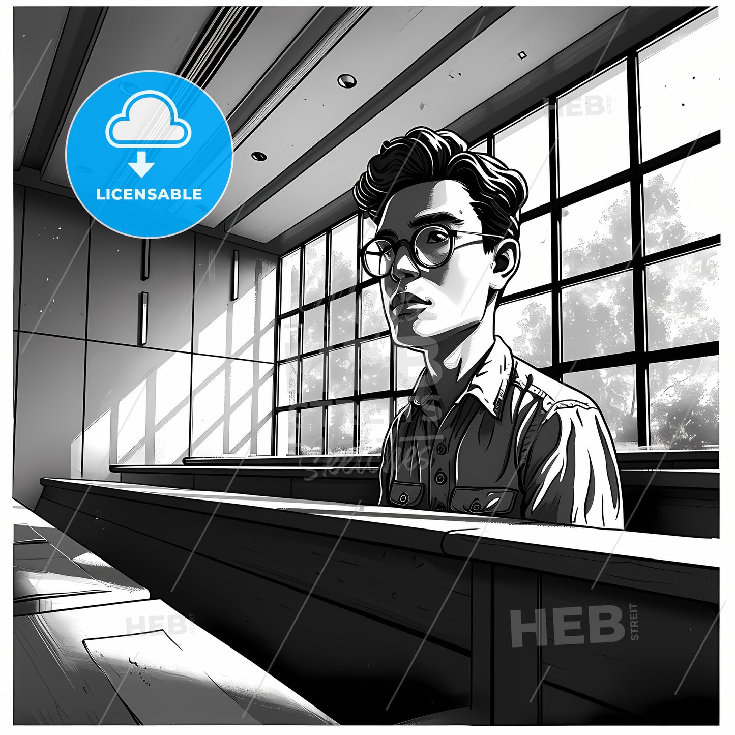 Lecture Room With Sitting Students, A Man Sitting In A Room With A Window