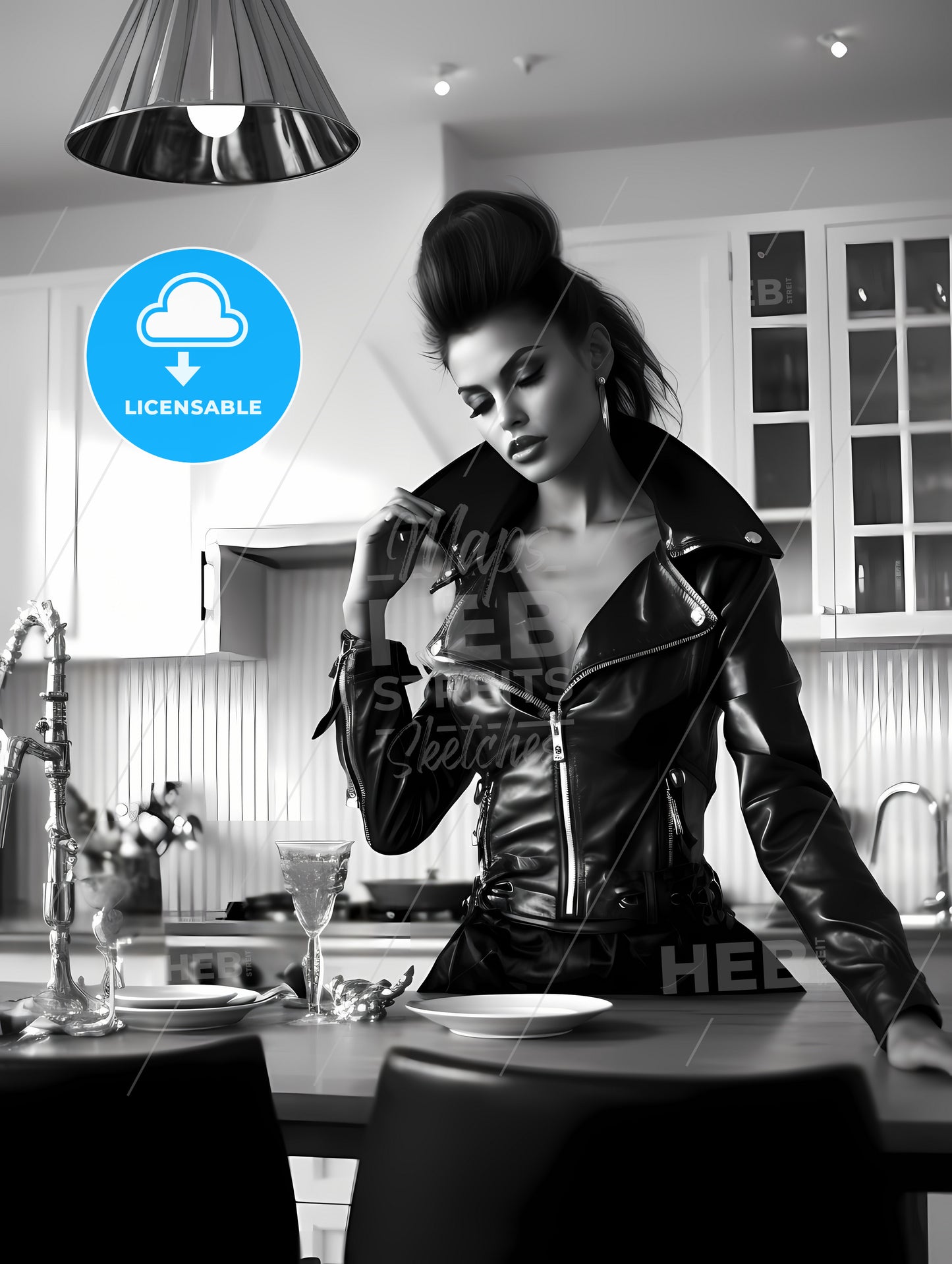 Leather Goddess In A Tres Chic Kitchen, A Woman In A Leather Jacket