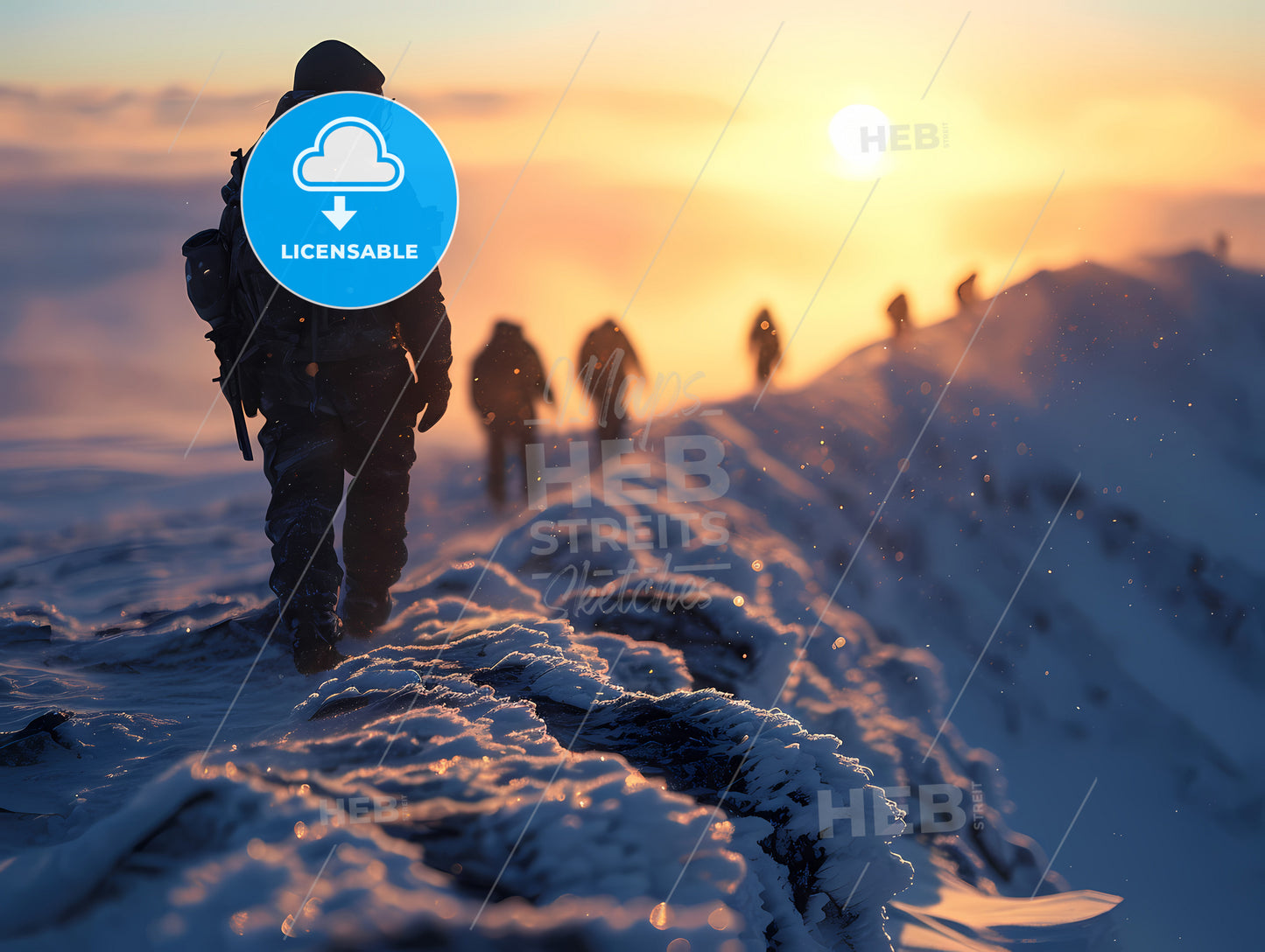 In The Snowy Winter, A Group Of People Walking On A Snowy Mountain