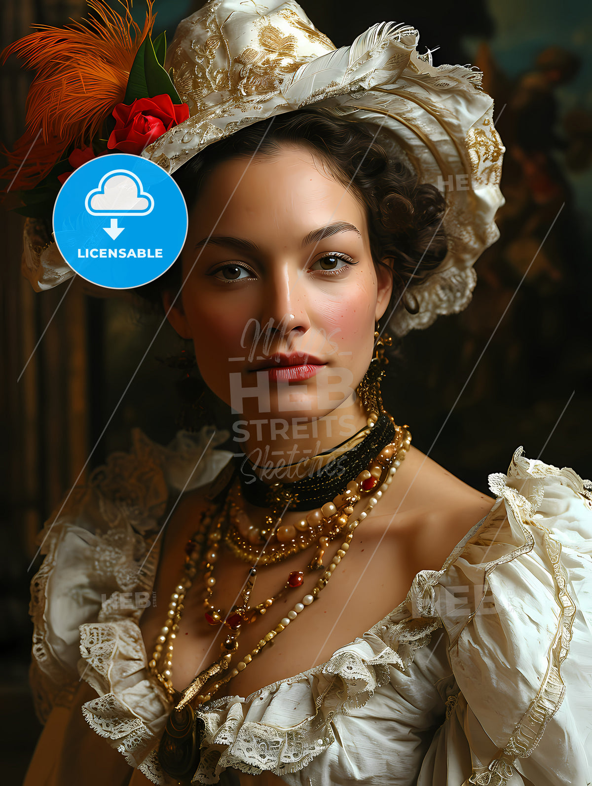 A Woman With Feathers, A Woman In A White Dress And Hat