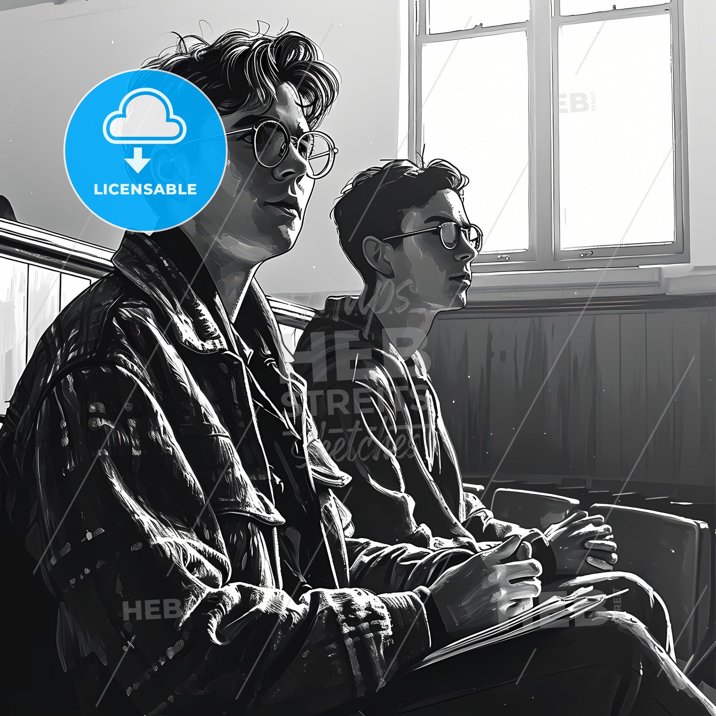 Lecture Room With Sitting Students, A Couple Of Men Sitting In A Room