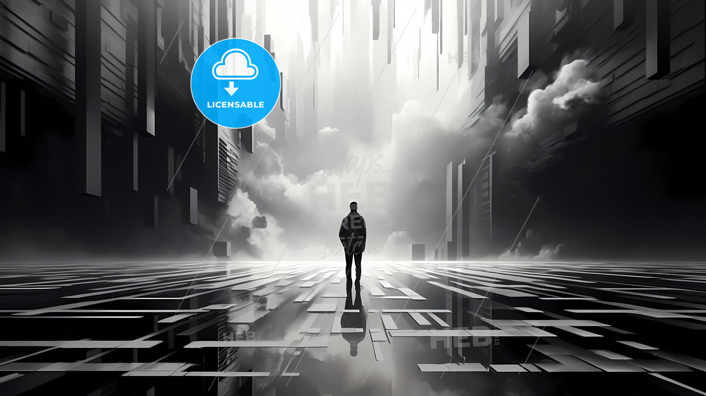 A Minimalist Art Painting, A Man Standing In A Room With A Large Building