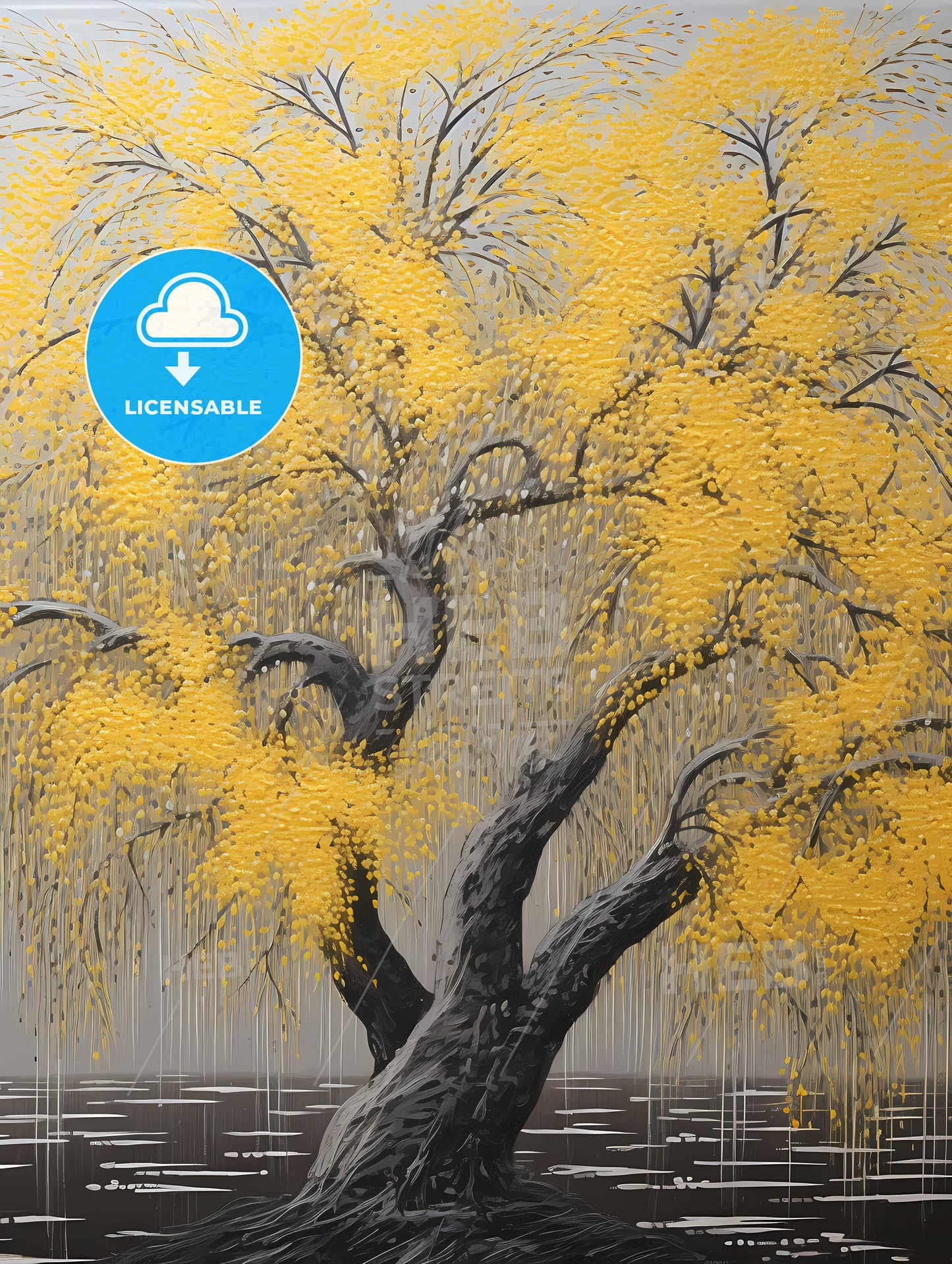 An Acrylic Painting Of A Yellow Willow Tree, A Tree With Yellow Leaves