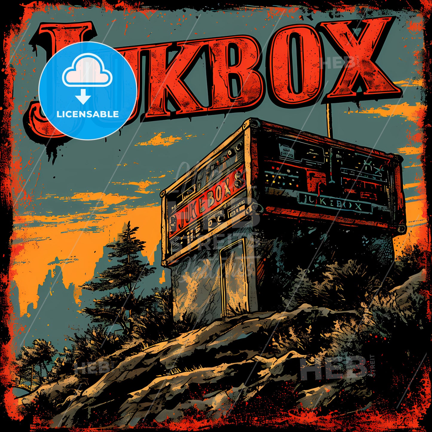 Stylish Music Logo With The Text Jukebox, A Building On A Hill