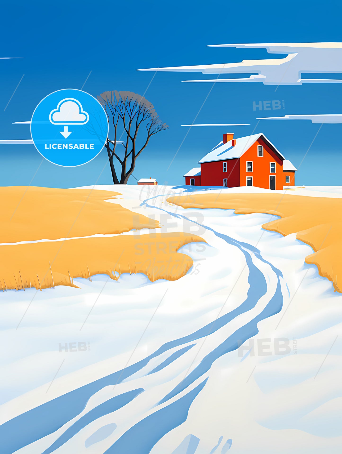 Prairie Farmhouse Buried In Snow, A Snow Covered Road Leading To A House