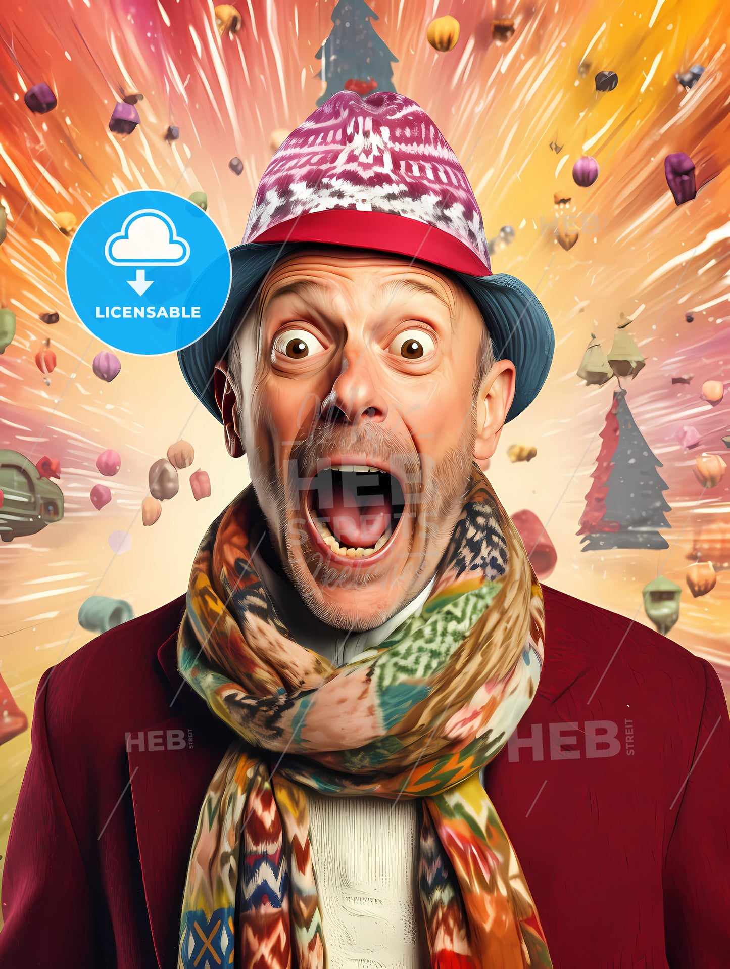 Happy Suprised Man Wearing Santa Hat, A Man In A Hat And Scarf With His Mouth Open