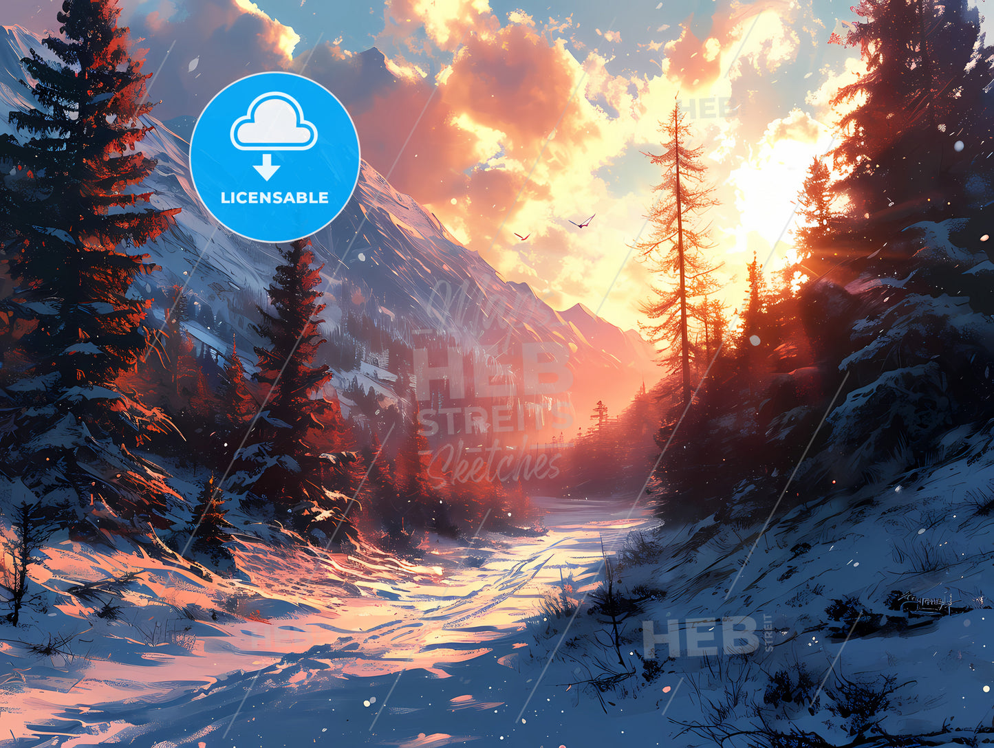 Happy New Year, A Snowy Mountain Road With Trees And A Sunset