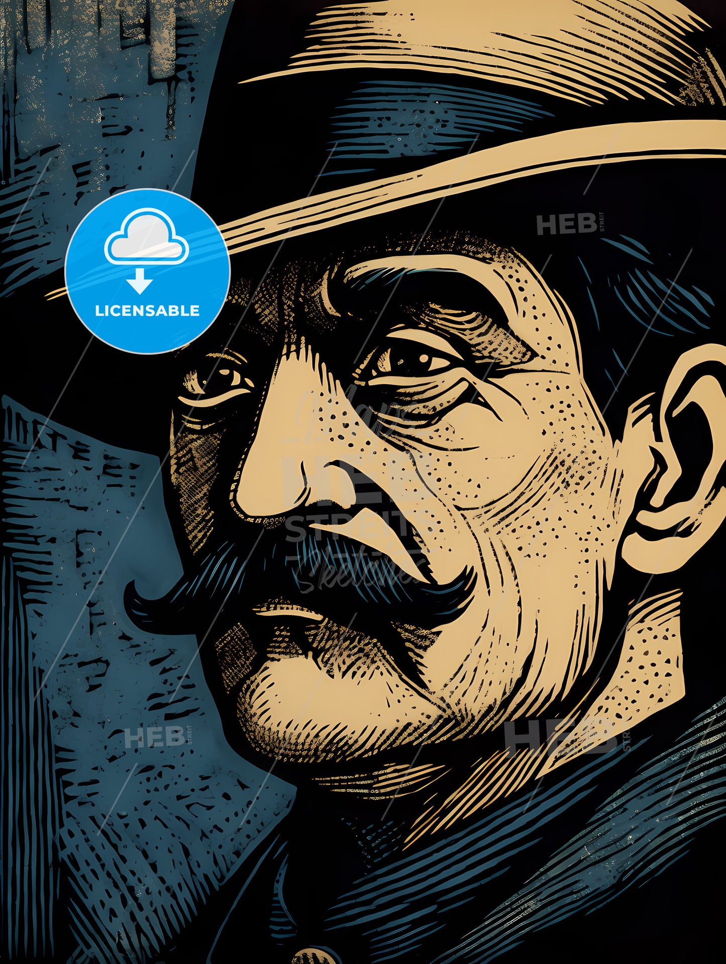 Early 20Th-Centry Poster-Style Linocut, A Man With A Mustache Wearing A Hat