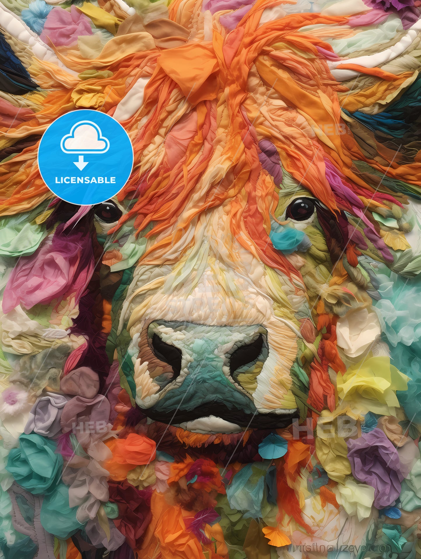 Embroidery Impasto Painting Highland Cow, A Colorful Fabric Art Of A Cow