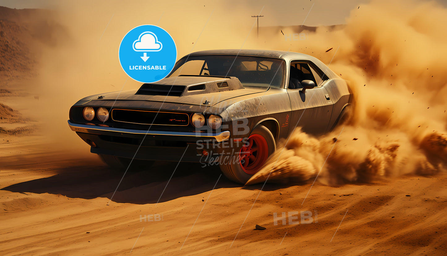 Post-Apocalyptic Muscle Car, A Car Driving On A Dirt Road