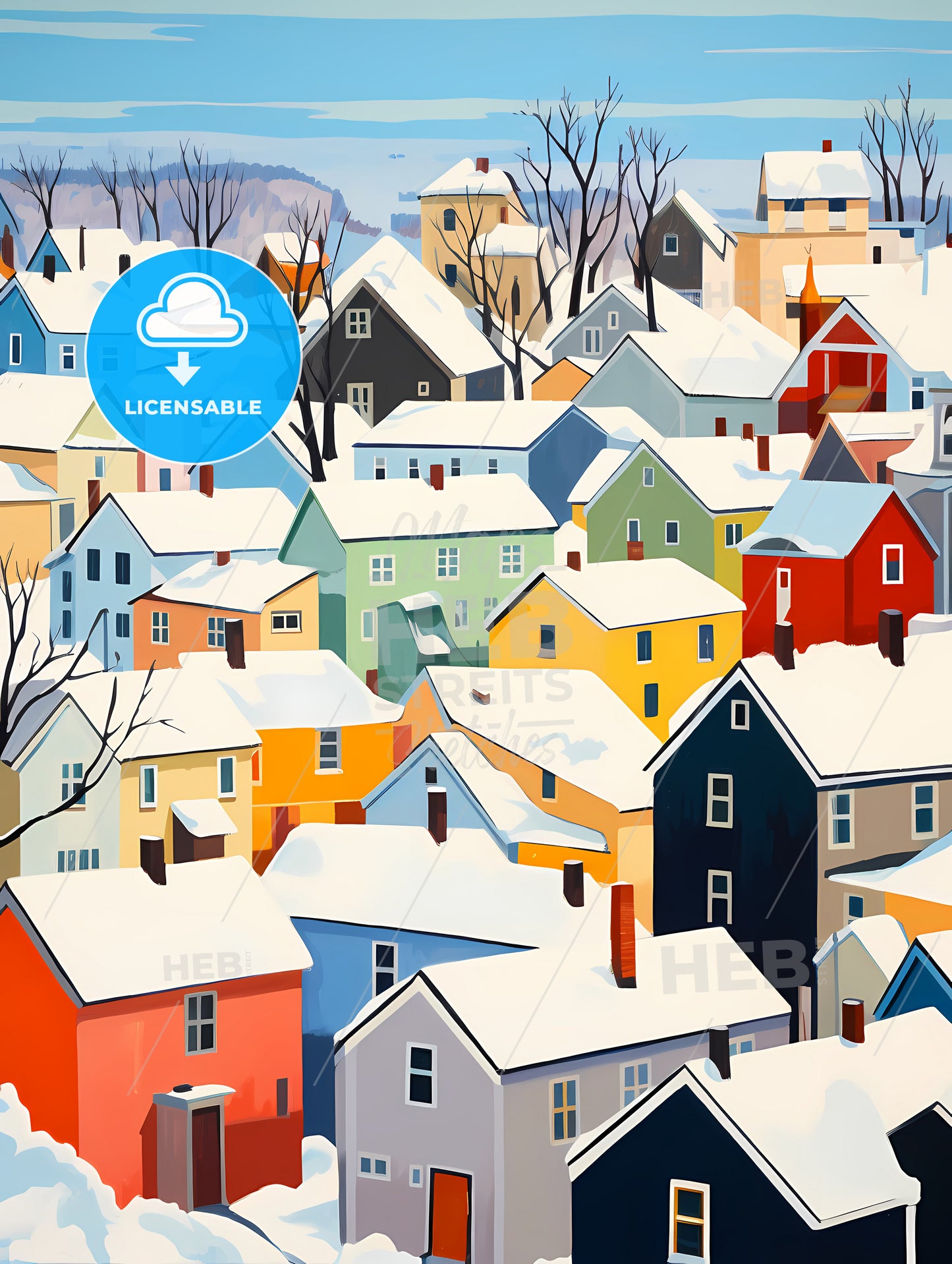 Snowy German Small Town Roofs, A Group Of Colorful Houses Covered In Snow