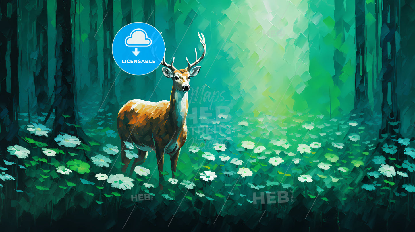 Abstract In Image Of Green, A Deer In A Forest