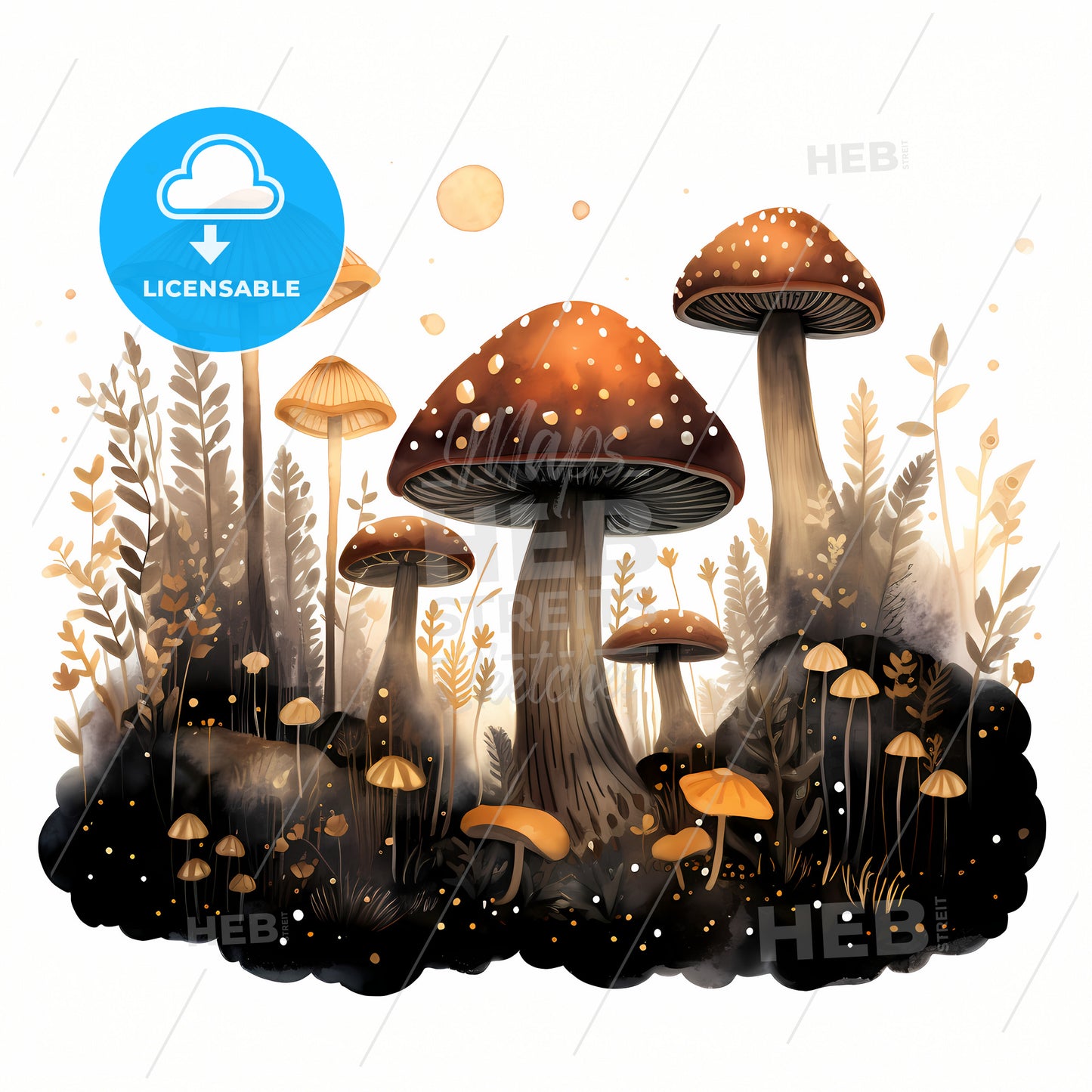 Magical Mushrooms And Fireflies, A Group Of Mushrooms In A Forest