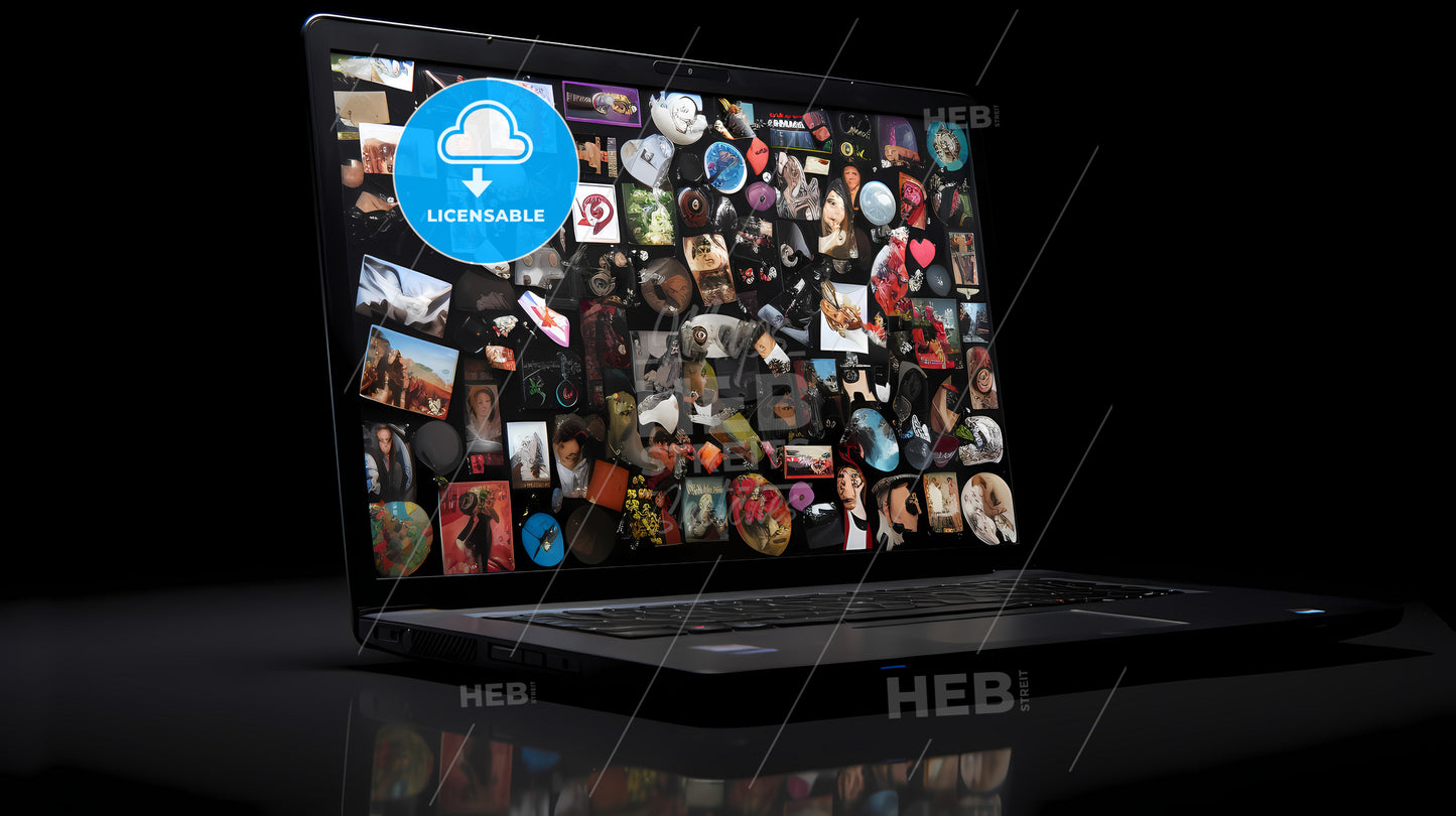 A Black Laptop Covered With Stickers, A Laptop With Many Images On The Screen