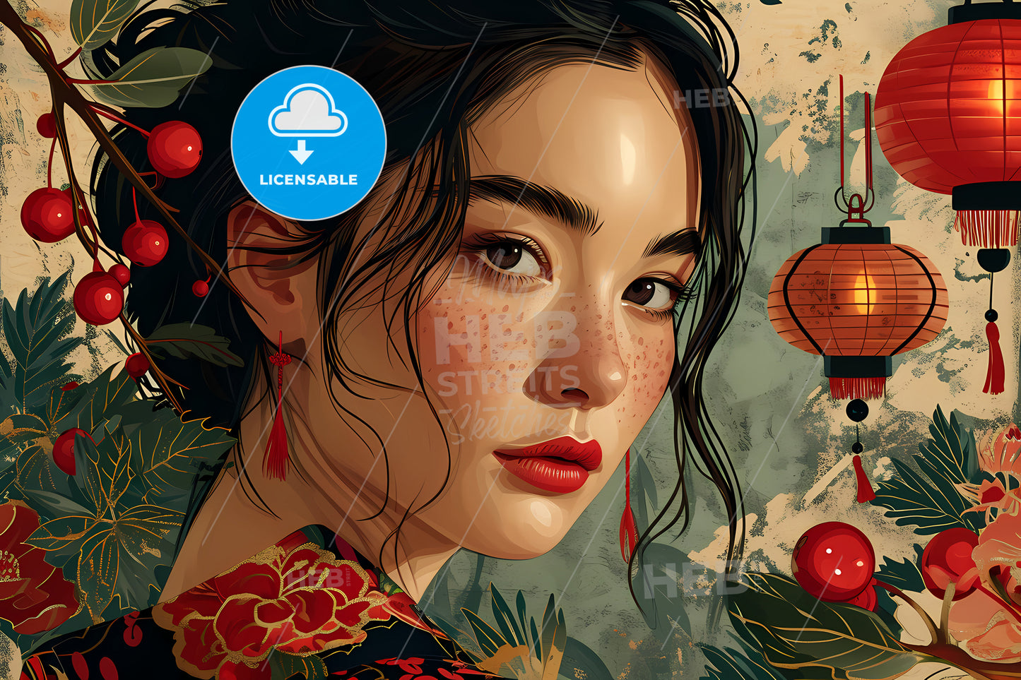 A Woman Beautiful Black Hair, A Woman With Freckles And Red Lipstick