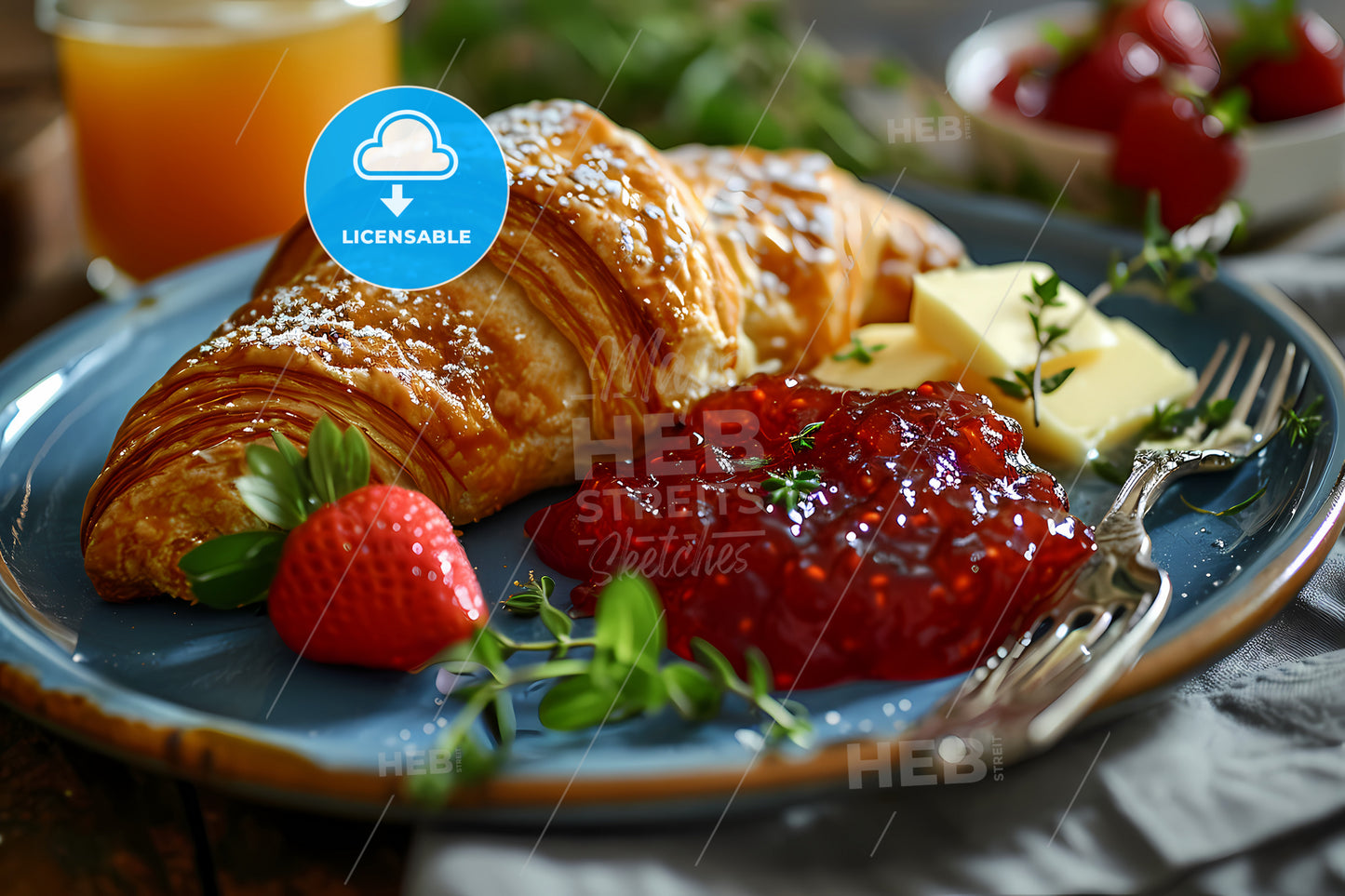 Fresh Croissant, A Plate Of Food With A Fork And Knife