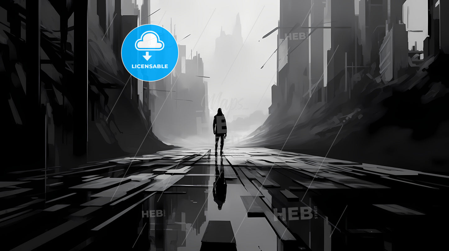 A Minimalist Art Painting, A Person Walking On A Wet Road
