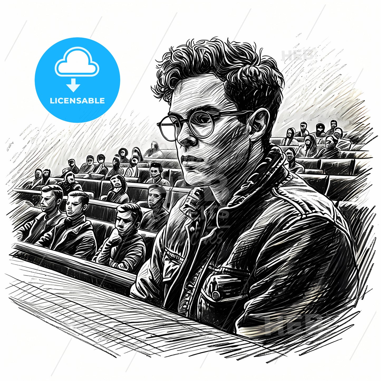 Lecture Room With Sitting Students, A Man Sitting In A Row Of People