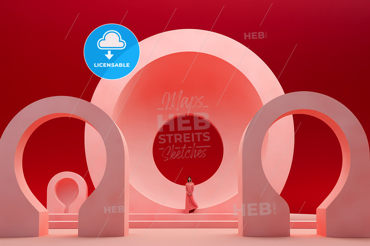 Pink Cream And Red Circular Objects, A Woman In A Red Dress Standing In A Pink Room With Round Shapes