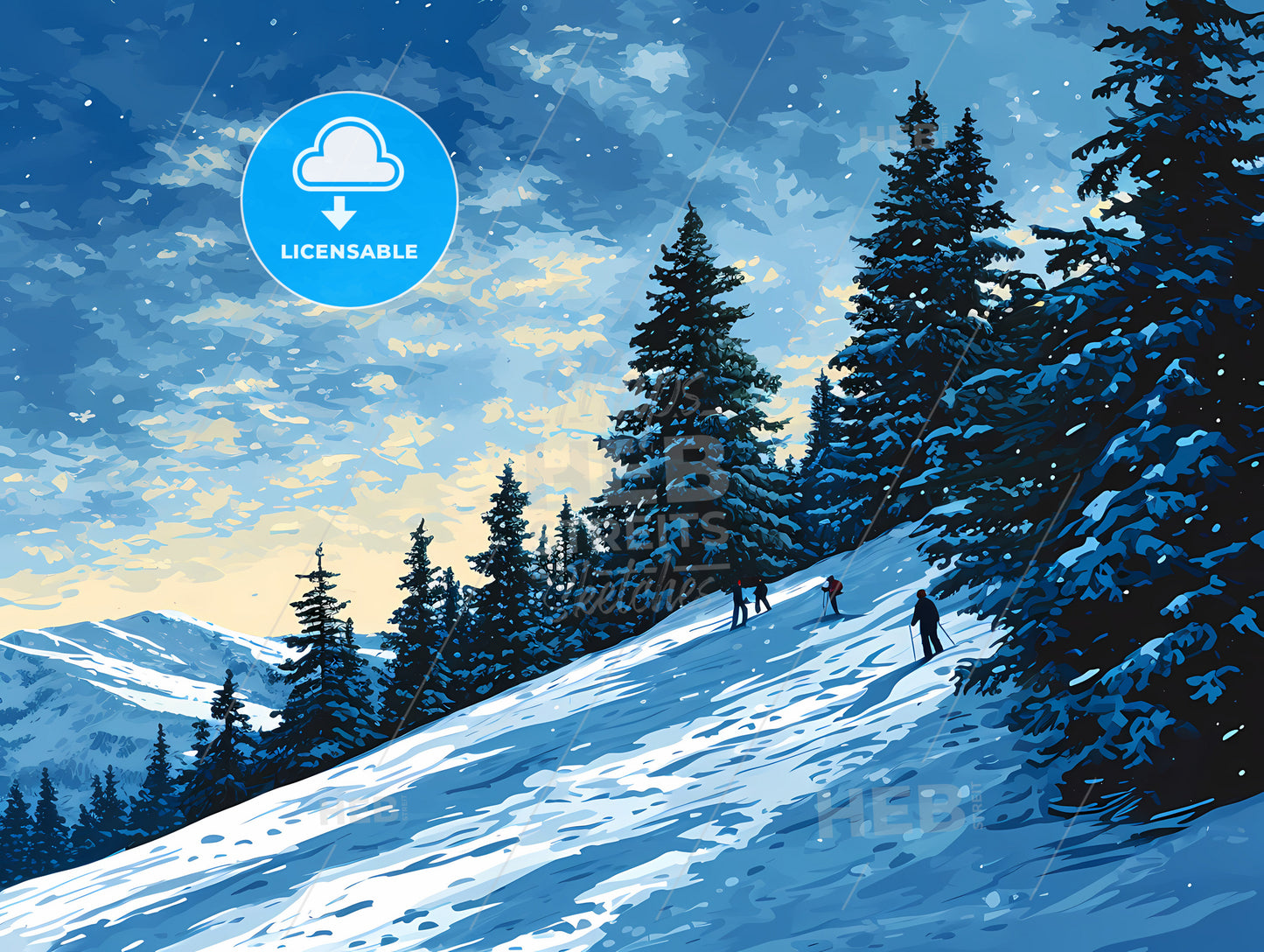 In The Snowy Winter, A Group Of People Skiing On A Snowy Mountain