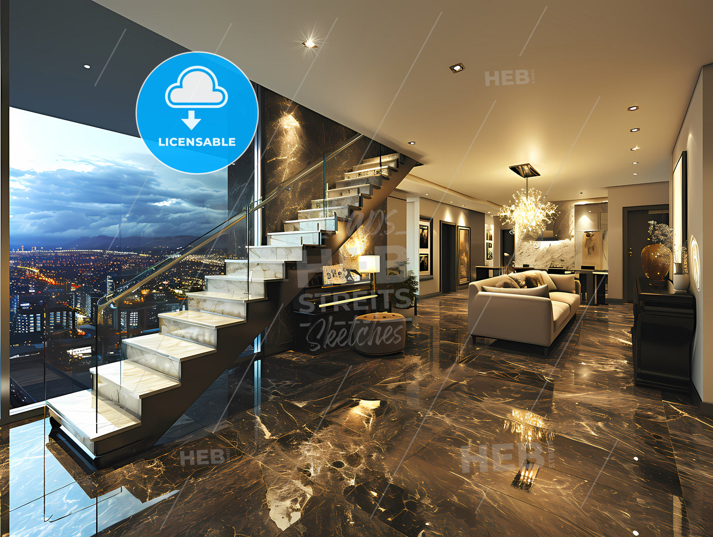 Appartement Moderne, A Living Room With A Staircase And A View Of A City