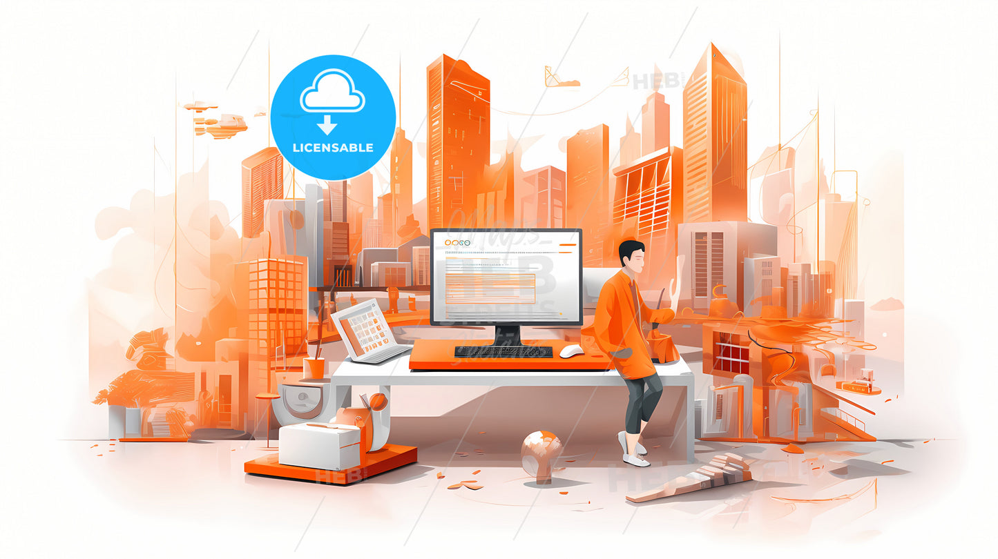 Virtual Trading Haven Illustration, A Man Sitting At A Desk With A Computer