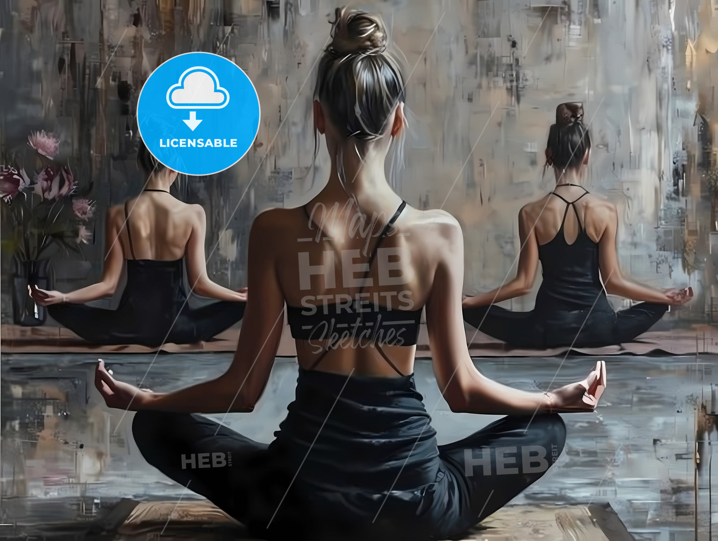 Oil Painting Of Women Practicing Yoga, A Woman Sitting In Front Of A Mirror